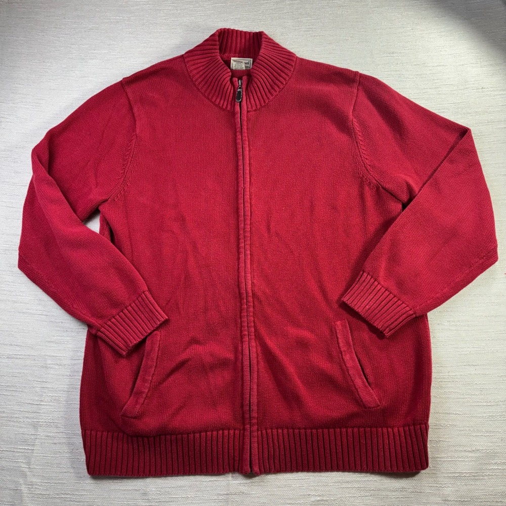 LL Bean Mens XL Tall Red Cotton Full Zip Mock Neck Cardigan Sweater Pockets